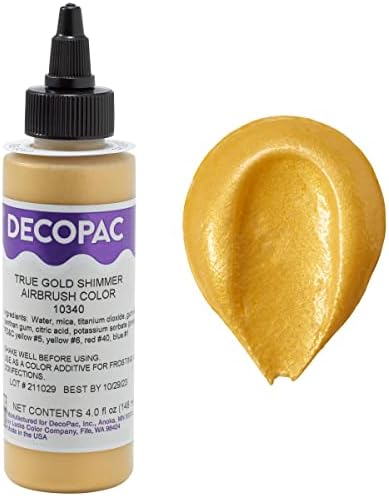 DecoPac Premium Airbrush Color, True Gold Shimmer, Edible Airbrush Paint for Decorating Cakes, Cupcakes, and Cookies, Food Coloring, 4oz