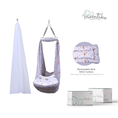 Image of Baby Cradle Swing for Newborns | Cotton Fabric Filled with Recron Fibre | Hanger Spring, Mosquito Net & Mattress with Insert Pocket | Jhoola, Thottil, Joli, Jokali, Onjal-Lt Mehendi (Grey)