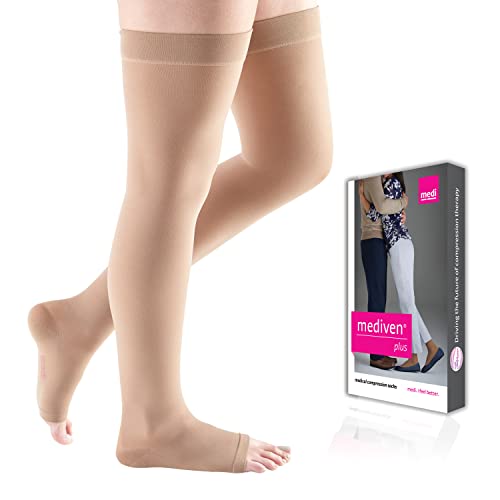 Image of mediven Plus for Men & Women, 30-40 mmHg - Open Toe, Thigh High Compression Stockings with Silicone Top Band , III, Beige