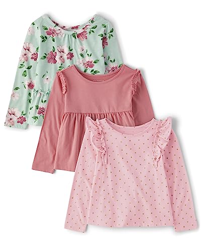 The Children's Place,and Toddler Girl Long Sleeve Shirts 3-Pack,Kaida Dot_Light Plum_Rose Gold Glitter | Katherine Floral_Sea Spray_Windsor Rose | Lotus Flower,18-24 Monts