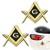2 Pack 2.75' Chrome Plated Masonic Car Emblem Compass Auto Truck Motorcycle Metal Decal, Mason Square, Decal Gift Automobile Decoration Accessories (Gold)