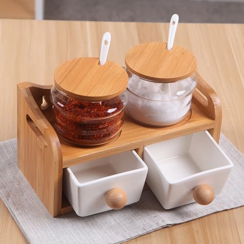 Juego de estante de especias montado en la pared, organizador de especias de madera de 2 niveles con cajón y cuchara, soporte para condimentos de cocina para un fácil acceso y almacenamiento ordenado
