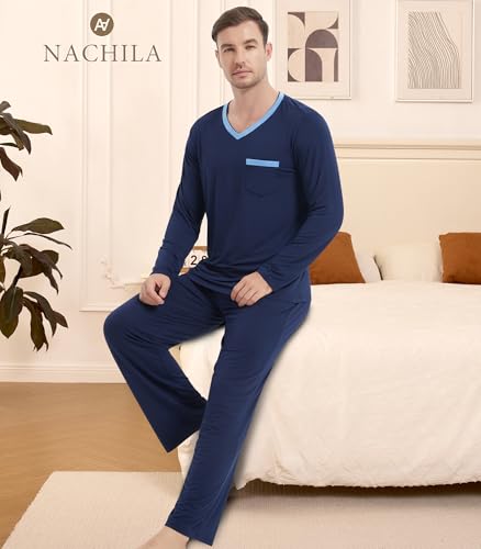 Image of NACHILA Pajamas for Men-Viscose Made from Bamboo, Long Sleeve Pajamas Set Comfy Sleepwear Pants Soft V Neck Pjs with Pockets