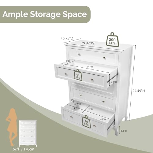 Image of VINGLI White Dresser 5 Drawer Chest of Drawers for Bedroom, 44.5 inch Tall Wood Dresser with Drawers, 29.92 inch W*15.75 inch D*44.49 inch H