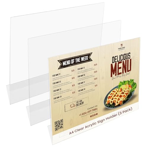 BELLE VOUS Expositor Metacrilato A4 Soporte Cartel de Plástico Acrílico (Pack de 3) Soporte Metacrilato Inclinado en Vertical – Menú Restaurante de Sobremesa, Panfleto, Volante, Soporte Papel y Foto