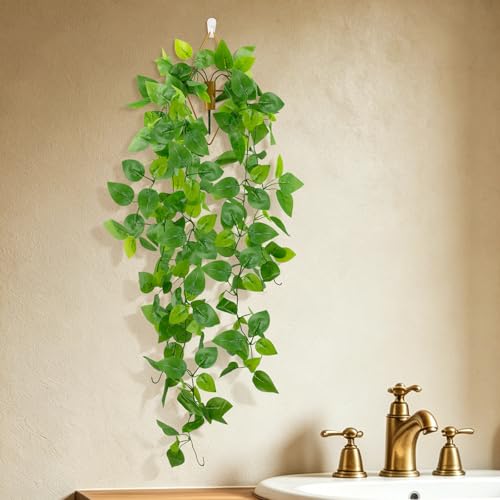 Image of LOYWREE 2 Pack Artificial Hanging Plants with Wall Planter, Faux Pothos Vines Fake Hanging Plant, Plastic Greenery Wall Decor for Indoor Outdoor Home Office Garden Patio Bedroom Living Room Decor