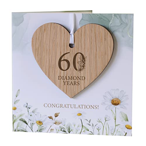 Image of 60th Wedding Anniversary Card With Wooden Heart Plaque Decoration Keepsake - Congratulations 60 Diamond Years Gift (60th Diamond)