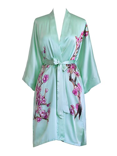 Old Shanghai Women's Silk Kimono Short Robe - Handpainted, Cherry Blossom Mist, One Size.