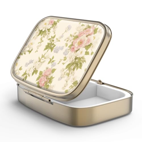 Image of Pill Case Pill Box with Mirror Retro 2 Compartment Small Pill Case for Purse or Pocket Bronze Rectangular Pill Box or Vitamins, Fish Oil, Supplements, Pill Containe Travel Gifts(Vintage Floral)