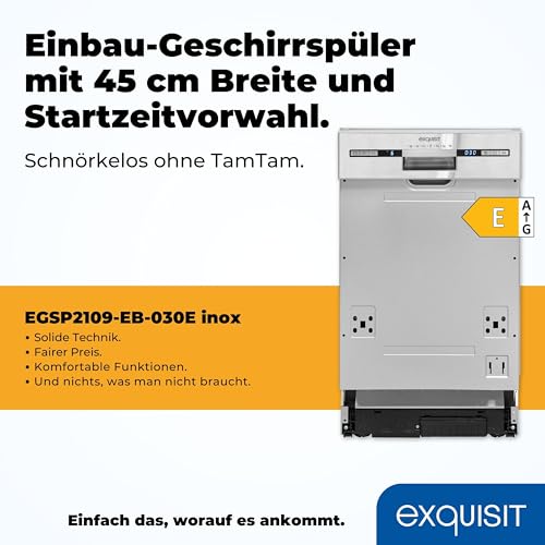 Exquisit Geschirrspüler EGSP2109-EB-030E inox | Teilintegrierter Geschirrspüler 45 cm | LED | 9 Maßgedecke | Spülmaschine 45 cm teilintegriert