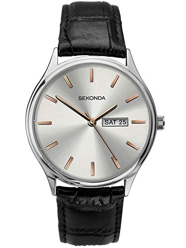 Sekonda Reloj de cuarzo analógico clásico para hombre con esfera plateada y correa de...
