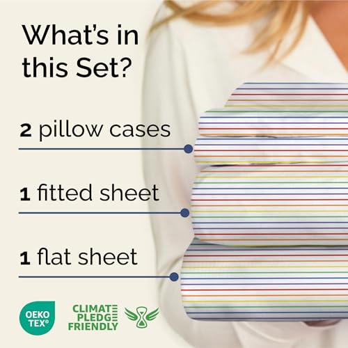 Image of Queen 4 Piece Striped Sheet Set - Breathable & Cooling - Rainbow Stripe