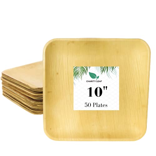 Charity Leaf Disposable Palm Leaf Plates like Bamboo Plates Square Set |All Natural and Biodegradable| Weddings, Charcuterie Boards, BBQs, and Parties | Square Plates (50, 10" Square)