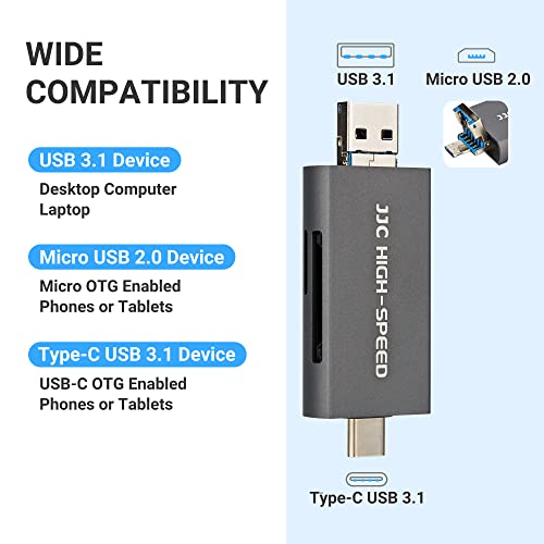 Image of JJC UHS-II SD MicroSD USB Card Reader, Transfer Speed up to 312MB /s, Gray | SD Card Adapter, 3-in-1 USB-A USB-C Micro USB Connection Port, Compatible with Computer, Laptop, OTG Enable Phone & Tablet