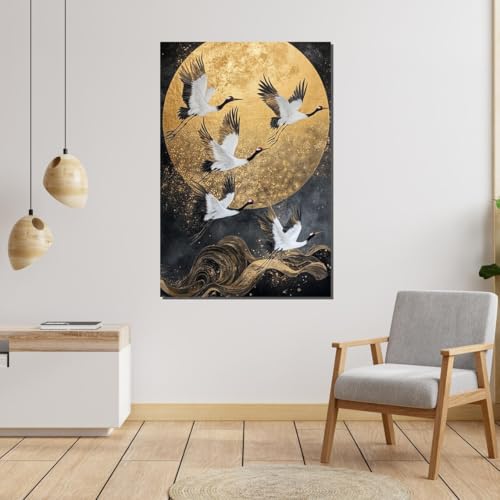 Affiches et estampes de grues dorées haut de gamme, tableau d'art mural avec cadre intérieur