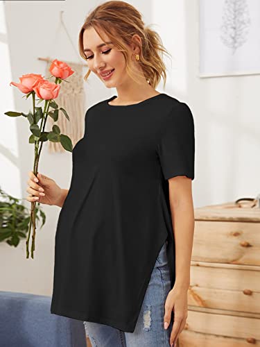 Romwe Women's Maternity Tunic Tee Shirt Short Sleeve Round Neck Split Hem Blouse Top Black Xxl #TOP5