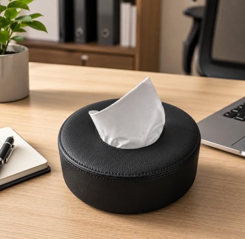 Image of PU Leather Tissue Box Cover, Round Facial Tissue Holder & Napkin Dispenser for Home, Office & Car, Black with Matching Black Stitching, 16 x16 x 6 cm