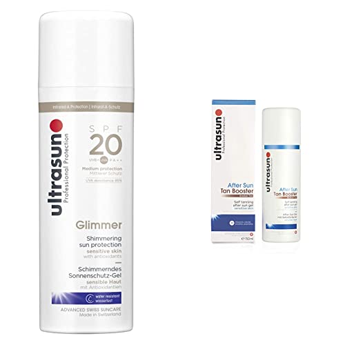 ultrasun SPF20 Glimmer Sensitive Formula All Day Sun Protection Lotion, 150 ml &, After Sun Tan Booster 150ml, clear/tint