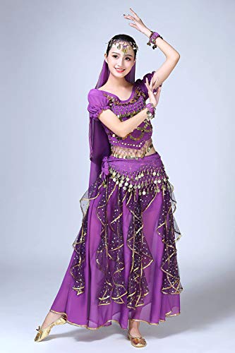 ORIDOOR Women Belly Dance Dress Indian Bollywood Halloween Costume Chiffon Skirts Shiny Belly Dance Suits 5-Piece Outfit, 004 Purple, One Size - Thumbnail 3