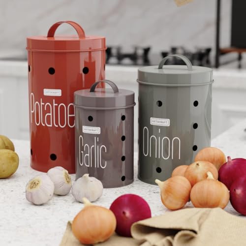 Image of Galvanized Metal Vegetable Storage Container Set - Potato, Onion & Garlic Bins with Lid | Rust-Resistant, Ventilated Kitchen Pantry Organizer | Set of 3 (Multicolor)