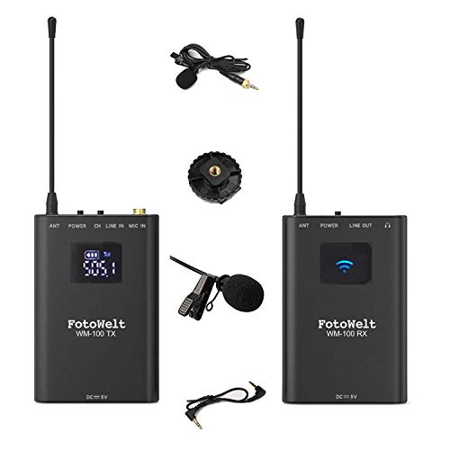 fotowelt WM-100-4 Channels UHF Lavalier micrófono Inalámbrico con Tiempo Real Monitor para cámara réflex Digital, videocámara, iOS Smartphone Tablet GoPro