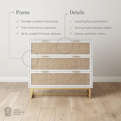Image of Nathan James Kova Boho Dresser or Storage Cabinet with Drawers for Bedroom or Nursery with Textilene Rattan Accent and Metal Legs, White