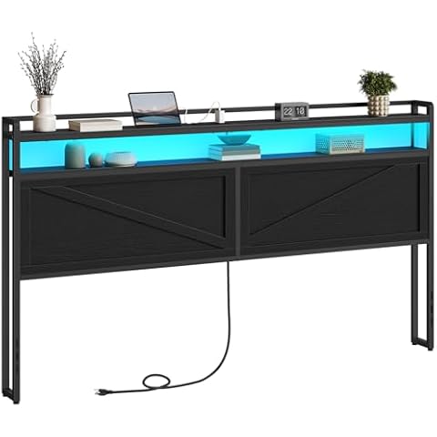 HOOBRO King Size Headboard with Charging Station and LED Light Strip Cover