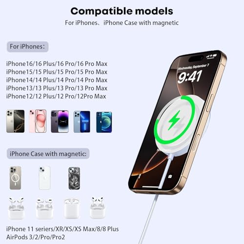Wireless Charger iPhone,Magnetic Charger for iPhone,2-Pack Apple Magsafe Charger 20W PD Fast Charging Block with 6FT Magnet Wireless Charger for iPhone 16/16 Pro/Pro Max/15/14/13,AirPods 4/3/2,Pro 2/1 by Nuinno - Used condition - Image 5