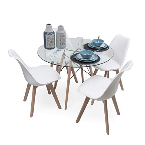 Homely Conjunto de Comedor Tower Day Cristal Mesa de Redonda de 100 cm y 4 sillas  Blanco