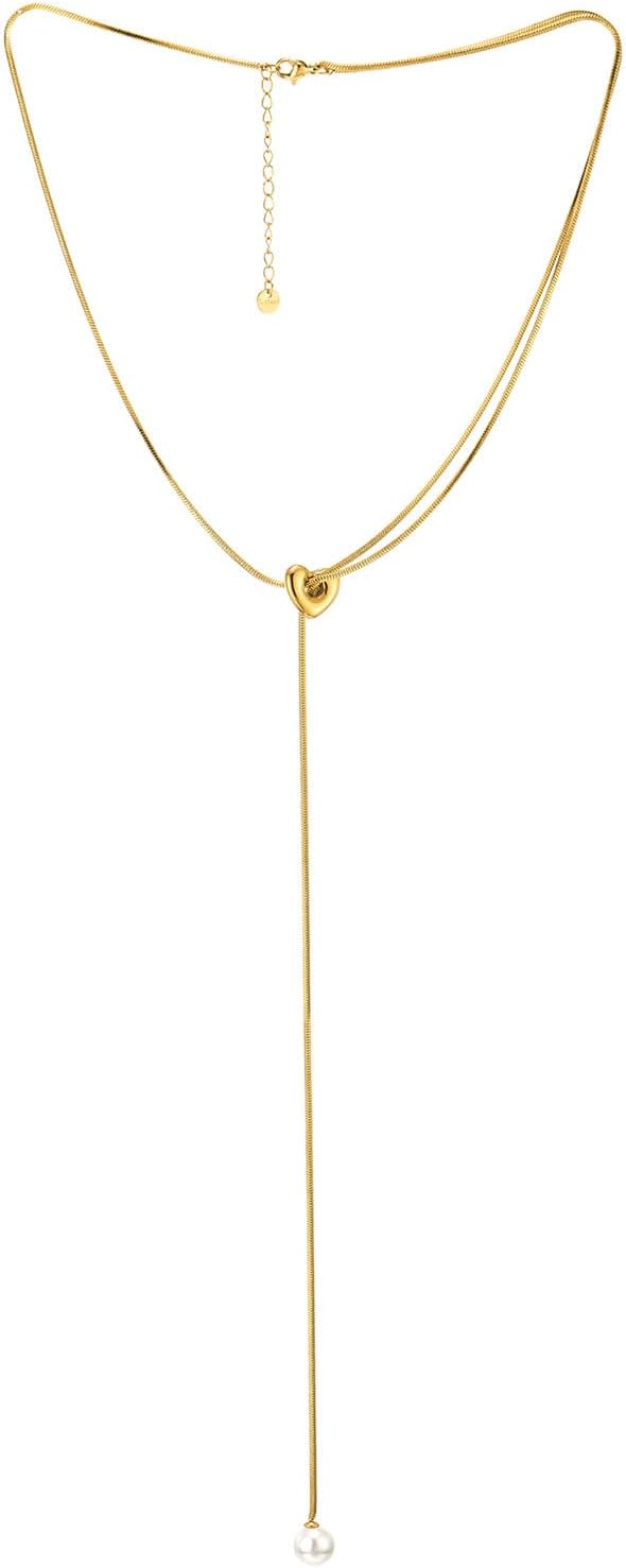 Gold Lariat Necklace, Adjustable Y-Shape Long Chain, Heart and Pearl Pendant Elegant Layering, Party