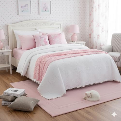 HaraDeco Colcha Blanca Pompones Lisa - Colcha de Verano Ligera con 2 Fundas de Almohada - Cubrecama para Todas Las Estaciones - Hogar y Hostelería - Cama Matrimonio 180 cm