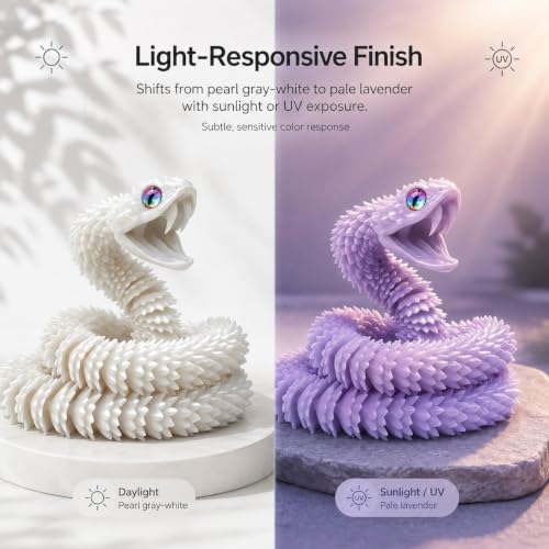 Image of 3D Printed UV Color Changing Viper Snake Sculpture, 23 inch White to Lavender Photochromic Articulated Display Piece, PETG Color Shift Snake with Movable Jaw & Fangs, Desk Decor for Collectors