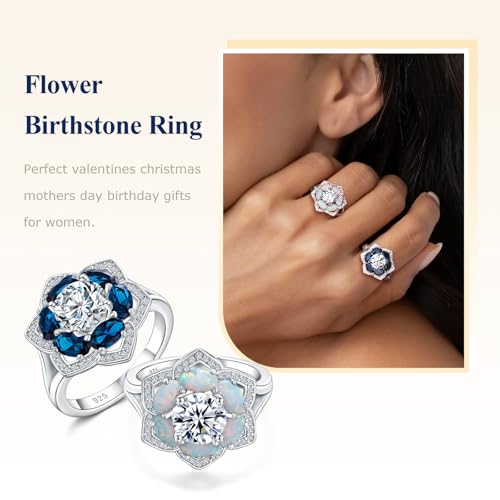 Clover Ring, Flower Rings, White Gold Plated Sterling Silver 5A CZ and Birthstone Engagement Promise Ring for Mothers Lover Gift, Size 6-104