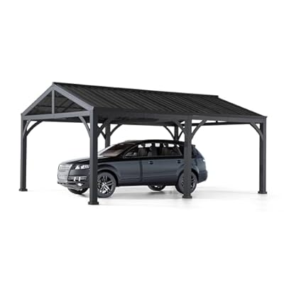 Sunjoy Carport 14 ft. x 20 ft. Outdoor Gazebo Heavy Duty Garage Car Shelter with Brown Powder-Coated Steel Roof/Black Frame and 2 Ceiling Hooks by AutoCove