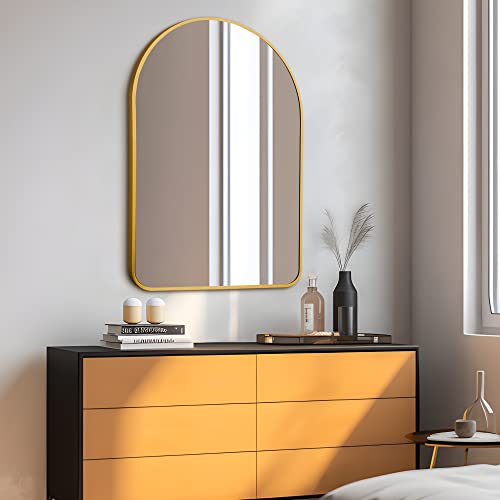 Image of PexFix Arched Wall Mirror 36 inchx24 inch Large Bedroom Mirror with Aluminum Alloy Thin Frame,Arch Top Rounded Corner,Gold