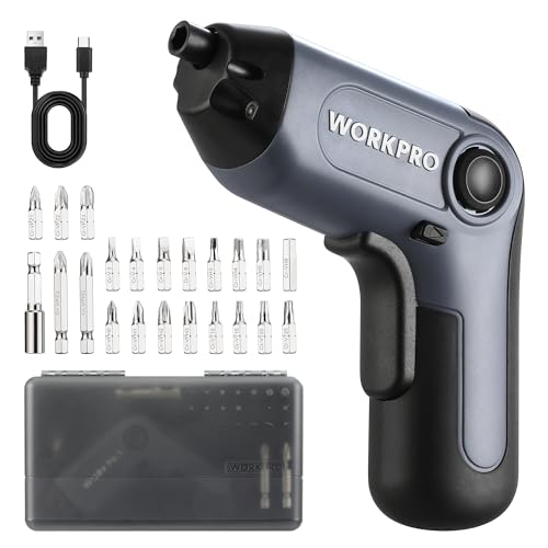 WORKPRO Akkuschrauber Set 3,6V, Exzentrischer Schraubendreher, mit 21 Bits und Verlängerungsstange, 2000 mAh Akku, LED-Licht, USB-C-Kabel, Aufbewahrungsbox, für Heimwerker, Grau