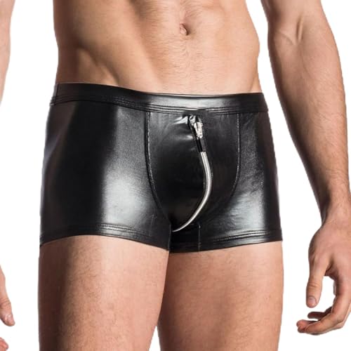 Men's Tight Faux Leather Shorts Boxer Briefs Zippered Hot Pants Low Rise Underwear Bikini Panties