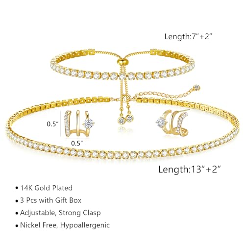 Image of HAXIYA Tennis Necklace Bracelet for Women, Sterling Sliver Jewelry Set, Silver /Gold Chocker Necklace, Crystal Bracelet for Women, Wedding Jewelry for Bride, Sparkly Party Prom Hypoallergenic
