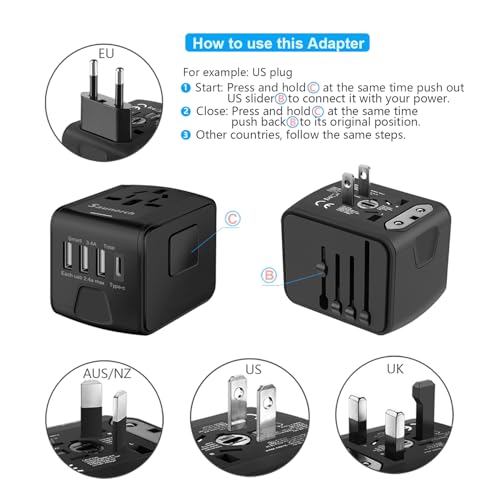 محول طاقة عالمي للسفر مع USB عالي السرعة 2.4 امبير ، شاحن حائط 3.0 امبير من النوع C ، محول أوروبي، محولات مقابس مخرج تيار متردد عالميًا متوافق مع EU، UK،US ،AU واسيا، اسود