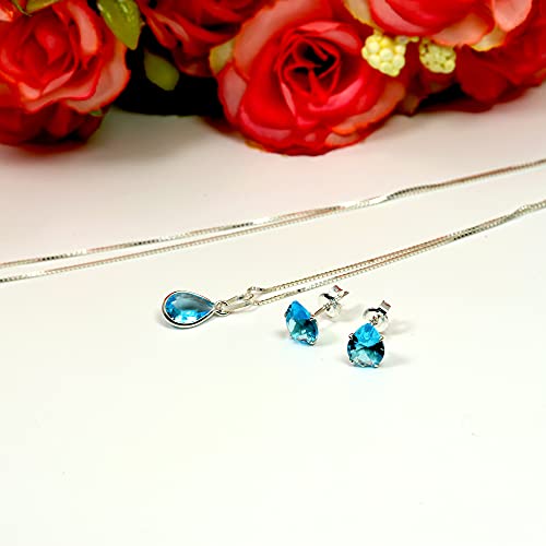 Colar e Brinco Gota Azul Pedra Zirconia Prata 925