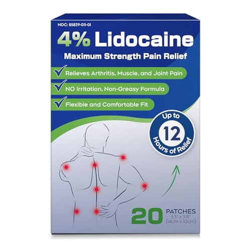 Uposiut 4% Lidocaine Patches - 20 Count Maximum Strength Lidocaine Patches, 10 Packs of 2 Patches for Muscle Pain Relief in The Neck, Shoulders, Back, Knees, and Anks, 12 Hour Pain Relief-012345