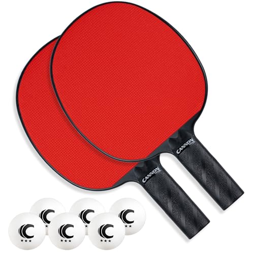 Cannon Sports Rubber Face Unbreakable Table Tennis Paddle Set - 2 Rackets with 6 Pack of 3-Star Table Tennis Balls – Portable Set for 2 Players (2 Rubber Face Red Paddles + 6 White Balls)