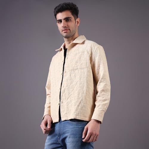 Image of Urban Scottish Men's Oversized Shacket, Cotton Jacquard, Long Sleeve Button Down Collared Shirt Jacket for Mens - Long Fit, Textured Fabric, Stylish Casual Outerwear