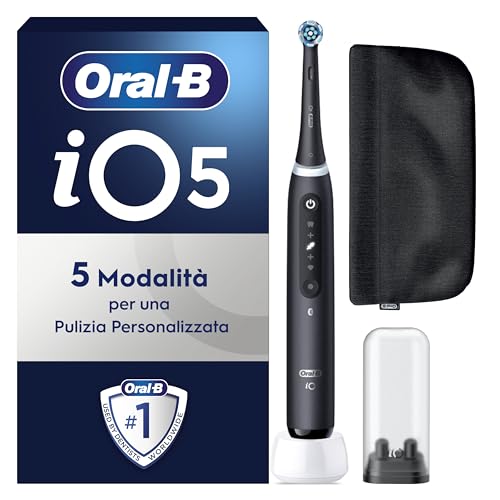 Oral-B Spazzolino Elettrico Ricaricabile iO 5N Nero, 1 Spazzolino Elettrico, 1 Testina, Pochette, io 5 Per Una Pulizia Denti Efficace, Sensore di Pressione, Gengive Protette