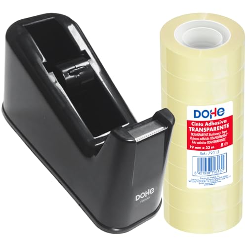 Dohe - Dispensador de Cinta Adhesiva y 8 Cintas (19 mm x 33 m) - Materiales resistentes, Cuchilla de Corte Fácil, Base Antideslizante - Material de oficina - Negro