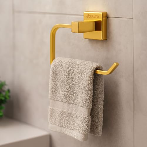 Image of JIALTO Premium Gold Finish Towel Ring - Wall Mounted, Rust-Free, Stainless Steel Towel Holder for Bathroom & Kitchen (Gold, Pack of 2)