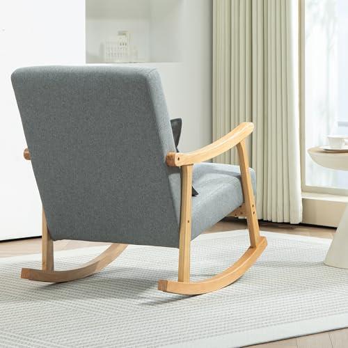 HOMCOM Silla Mecedora Moderna Mecedora para Lactancia con Cojín Lumbar Respaldo Amplio y Base de Madera Carga 120 kg Sillón Relax para Salón Dormitorio Gris Claro