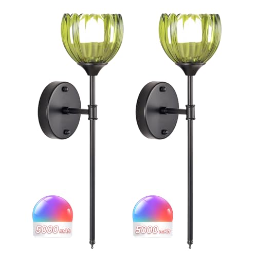 Image of Shenmoyl Battery Operated Wall Sconce Set of 2, Green Tulip Vintage Wall Light Fixture Rechargeable 5000mAh Battery Powered Wall Lamp with Remote for Living Room Bathroom, Black