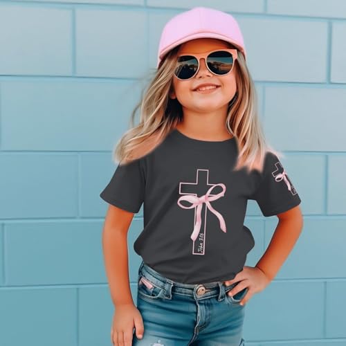 Image of Girls Cute Christian Shirts Kids Pink Bow Shirt Jesus God Faith Tshirts Aesthetic Cross Bible Verse Graphic Tee Tops