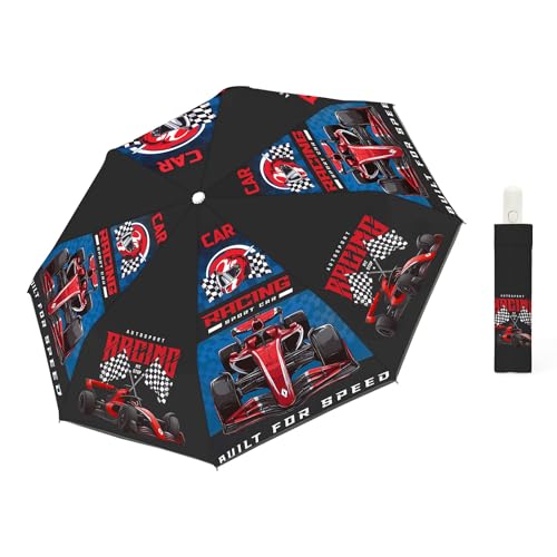 alldomess Autoamtic Kids Umbrella UV Resistant, Folding Compact Umbrella 360° Reflective Strip for Travel Outdoor, Lightweight Cute Kids Parasol Anti-rebound Safe for Toddler, Black Racing Car